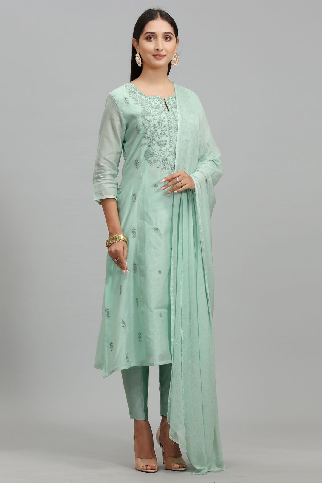 Laiba Pastel Green Chanderi Embroidery Suit Set