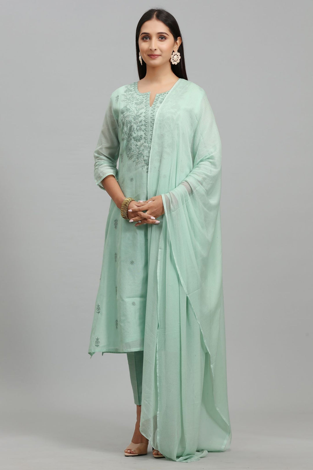 Laiba Pastel Green Chanderi Embroidery Suit Set