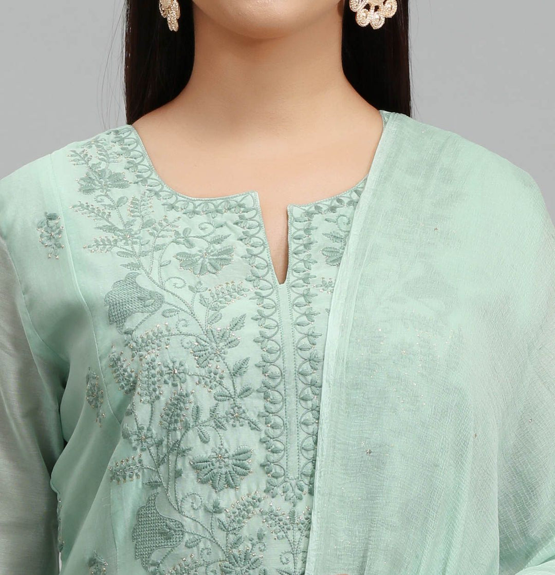 Laiba Pastel Green Chanderi Embroidery Suit Set