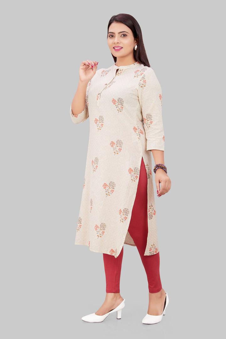 Cream Flex Cotton Straight Embroidered Kurta