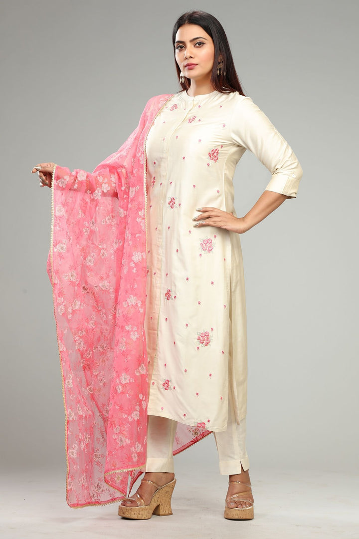 Laranya Cream Cotton Silk Embroidered Suit Set