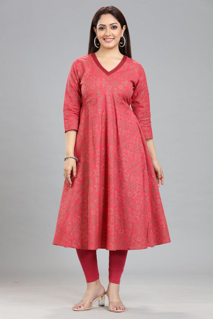 Peach Cotton Flared Printed Kurta