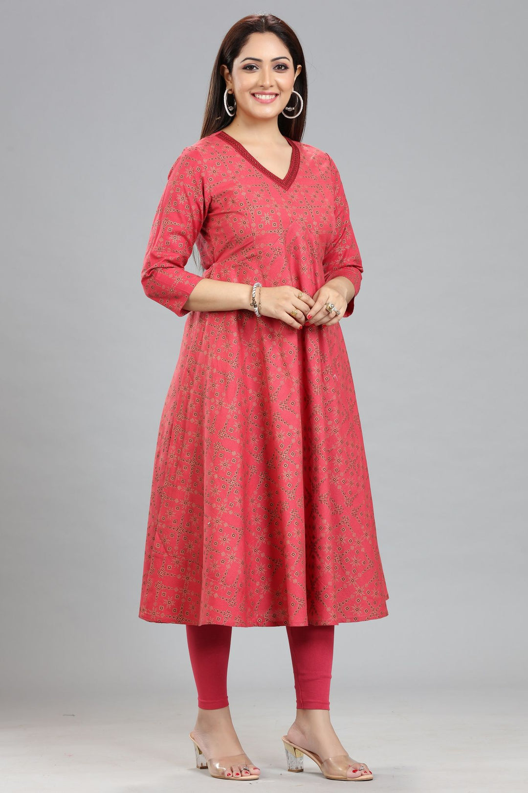 Peach Cotton Flared Printed Kurta