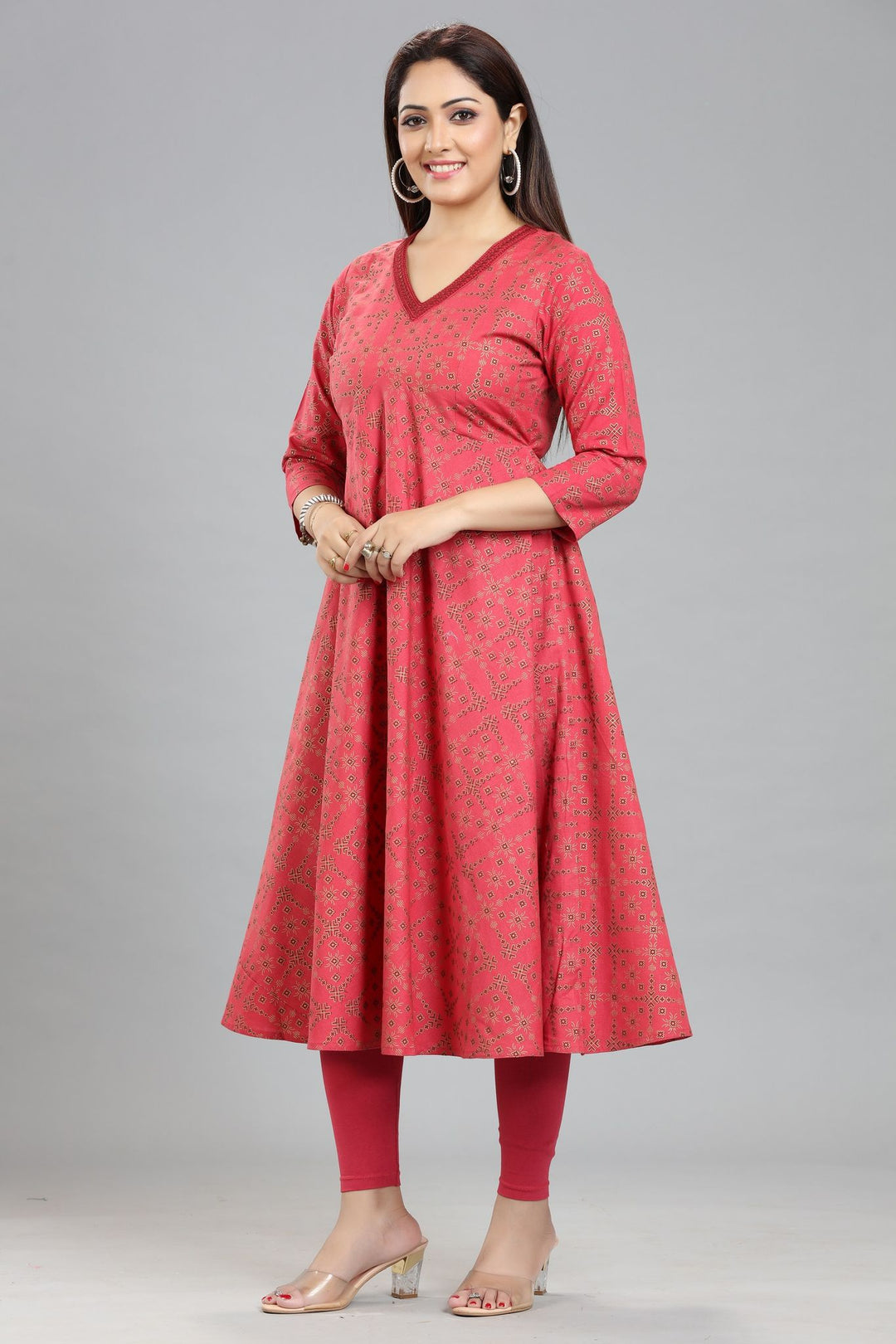 Peach Cotton Flared Printed Kurta