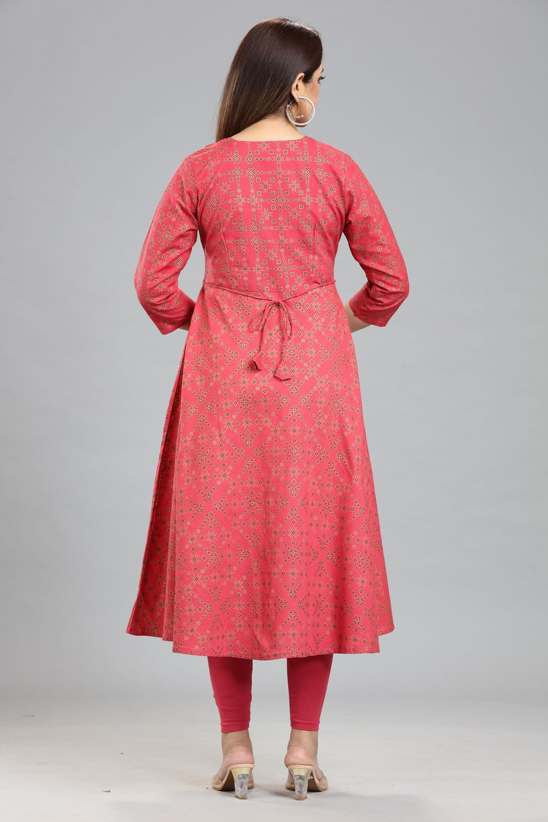 Peach Cotton Flared Printed Kurta