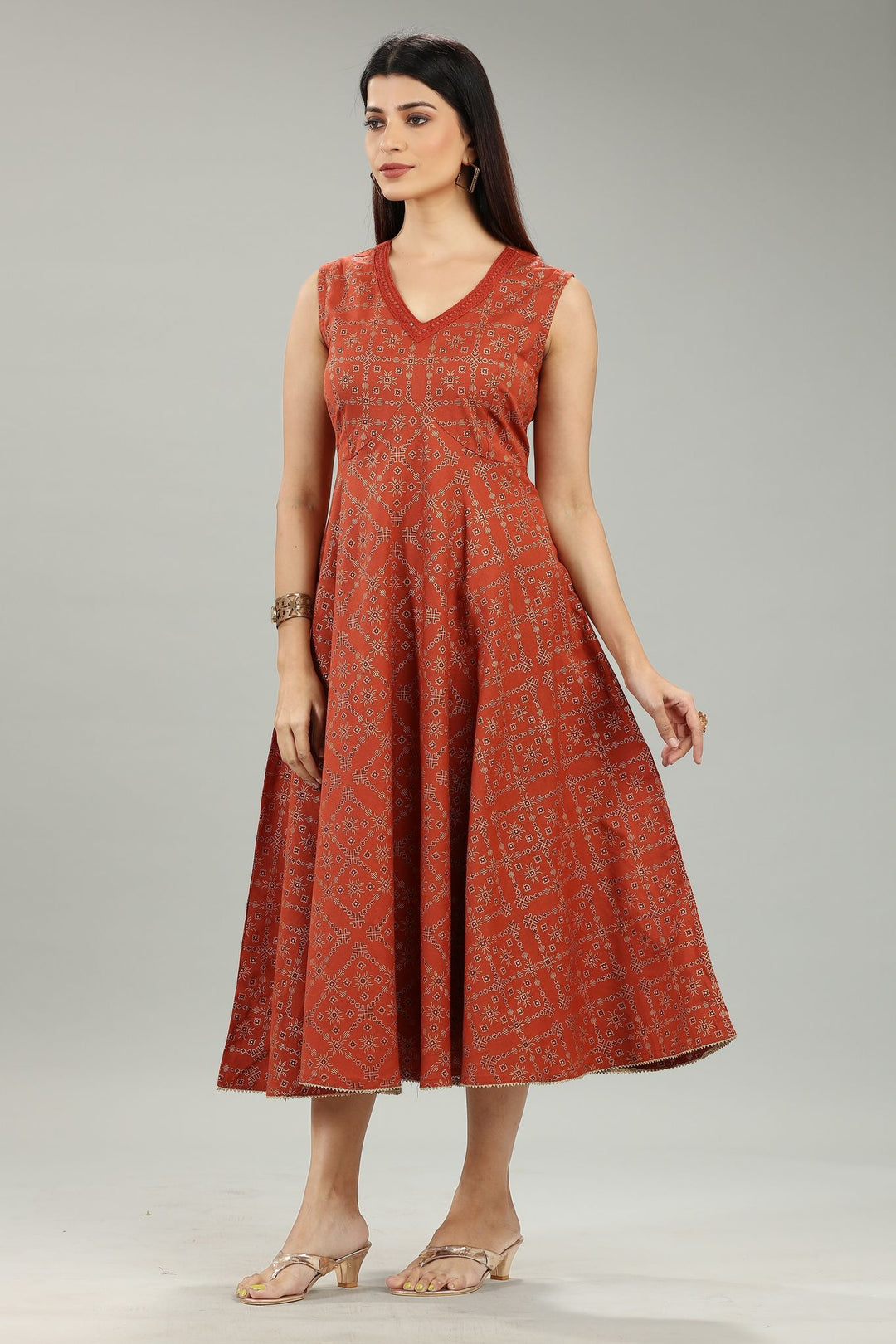 Rust Rayon A Line Printed Sleeveless Kurta