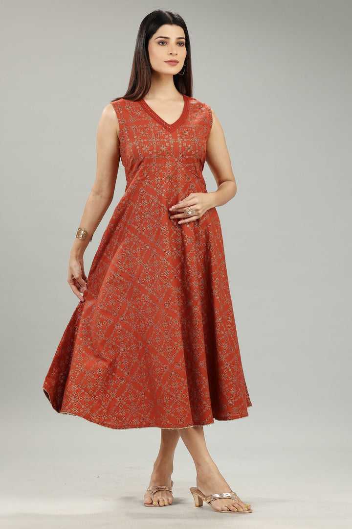 Rust Rayon A Line Printed Sleeveless Kurta