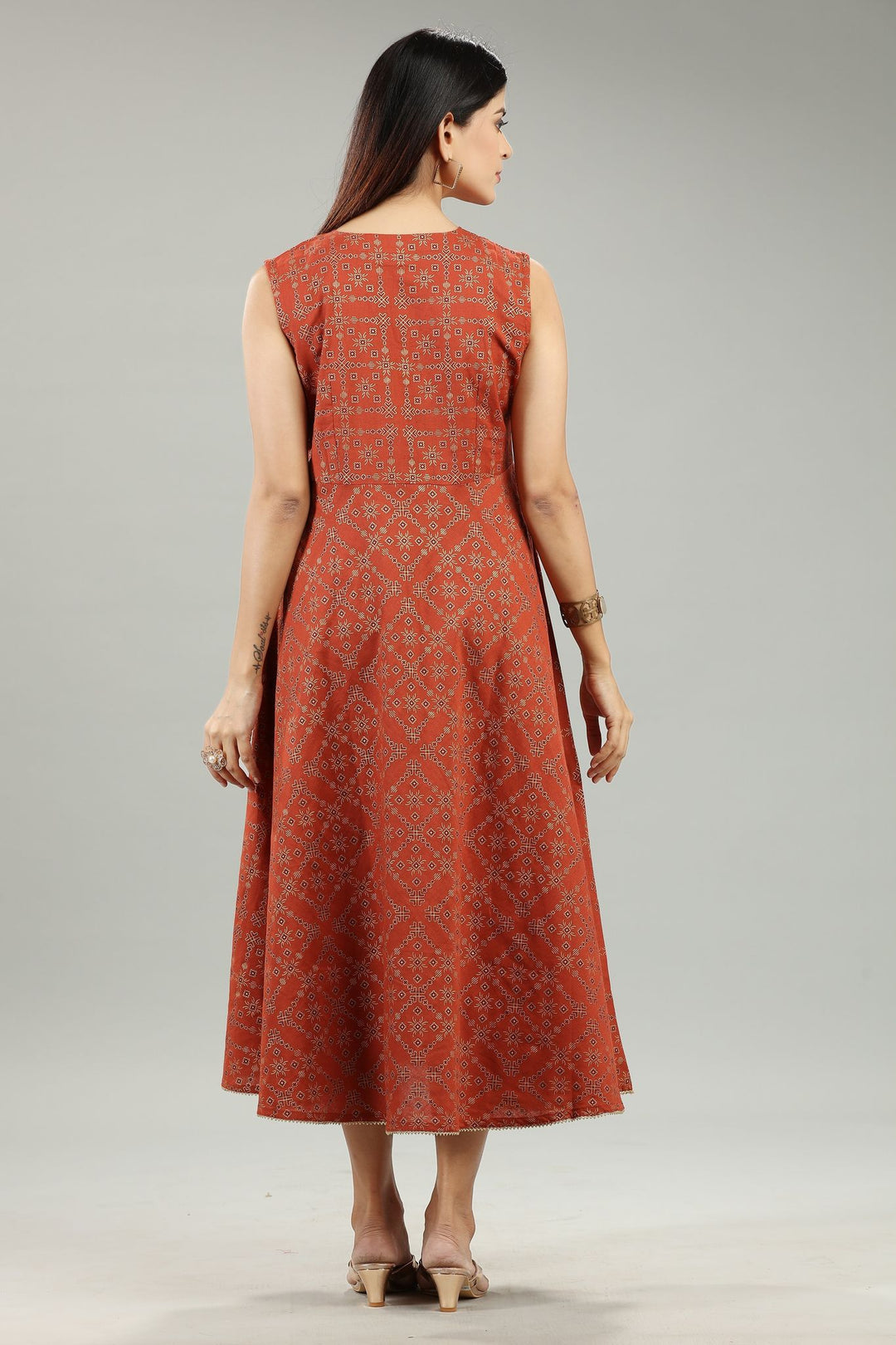 Rust Rayon A Line Printed Sleeveless Kurta