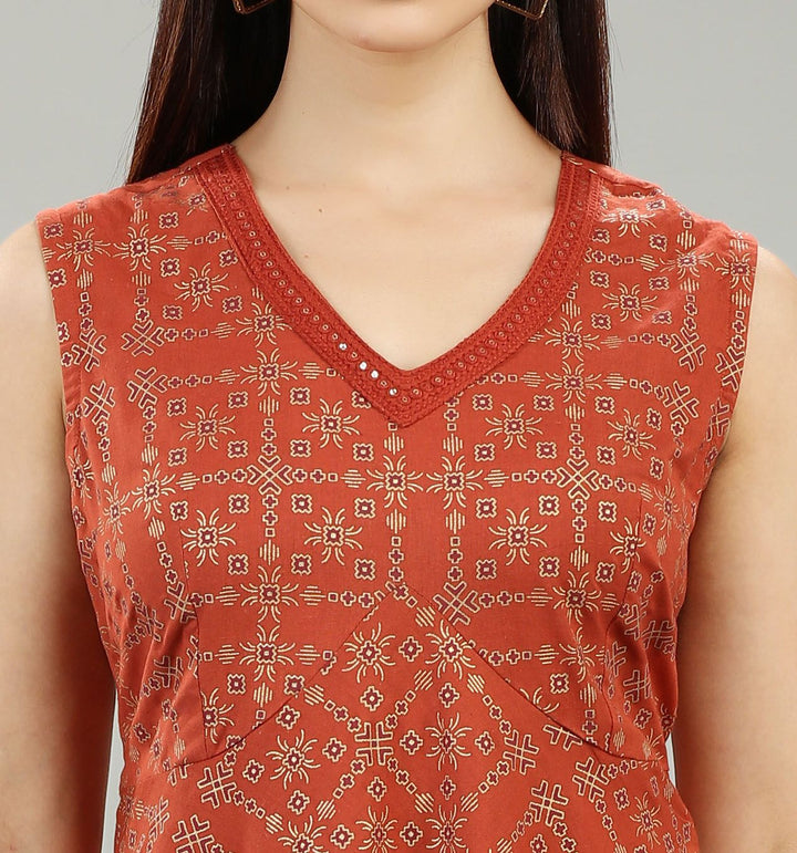 Rust Rayon A Line Printed Sleeveless Kurta