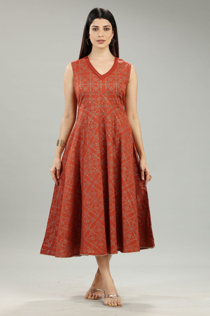 Rust Rayon A Line Printed Sleeveless Kurta