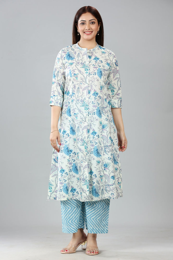 Off White & Sky Blue Cotton Printed Kurta Pant Co ord Set