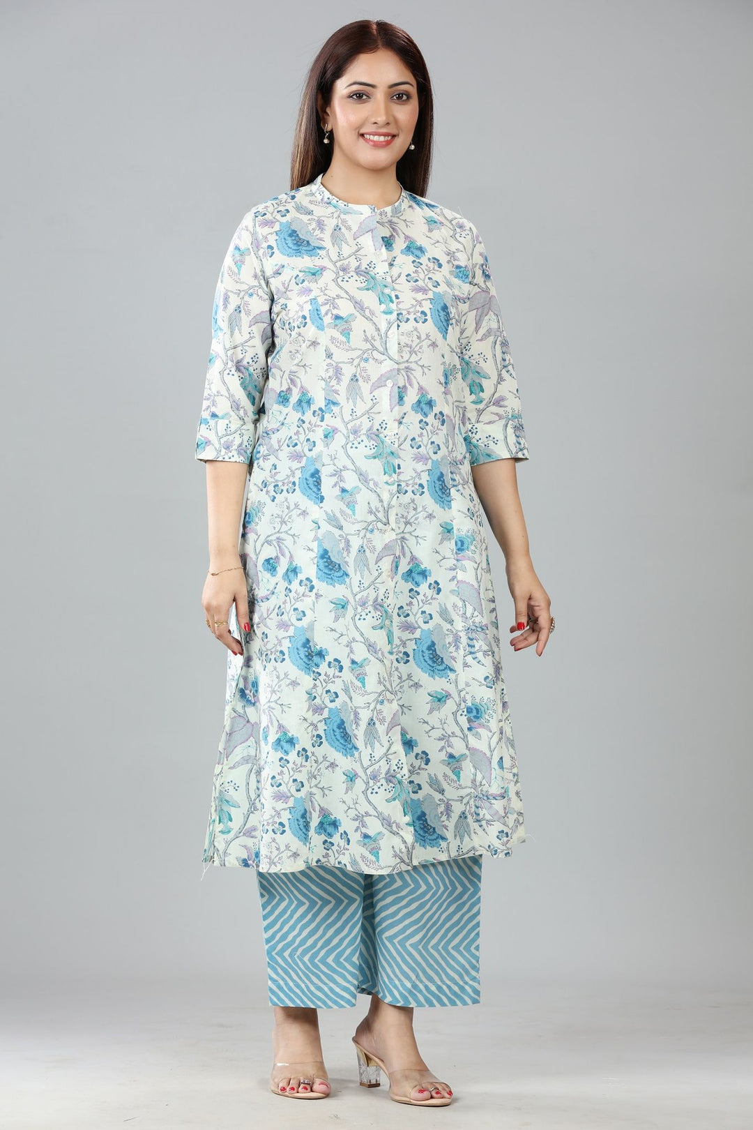 Off White & Sky Blue Cotton Printed Kurta Pant Co ord Set