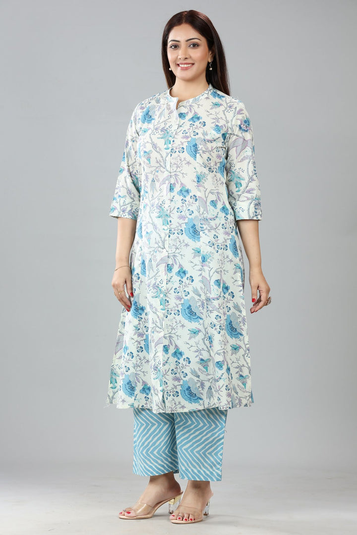 Off White & Sky Blue Cotton Printed Kurta Pant Co ord Set