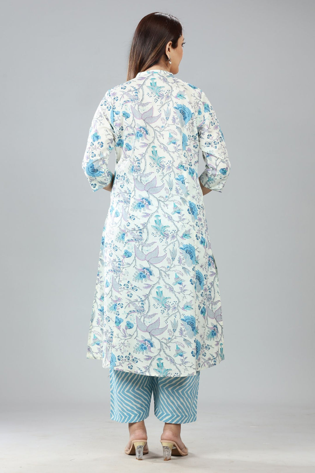 Off White & Sky Blue Cotton Printed Kurta Pant Co ord Set