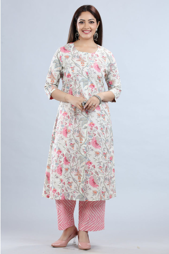 Off White & Pink Cotton A Line Printed Kurta Pant Co ord Set