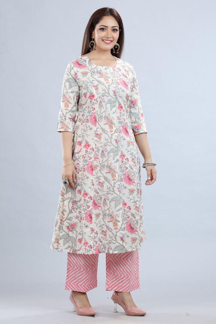 Off White & Pink Cotton A Line Printed Kurta Pant Co ord Set