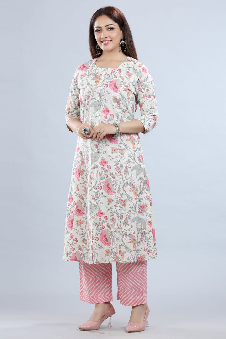 Off White & Pink Cotton A Line Printed Kurta Pant Co ord Set