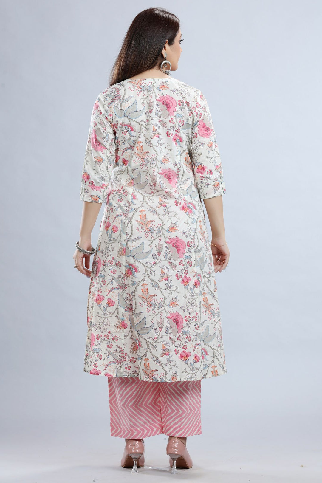 Off White & Pink Cotton A Line Printed Kurta Pant Co ord Set