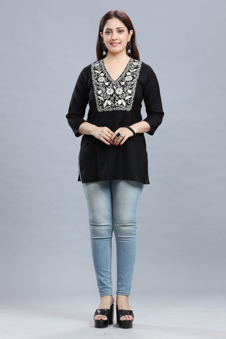 Black Cotton Straight Embroidered Short Kurta