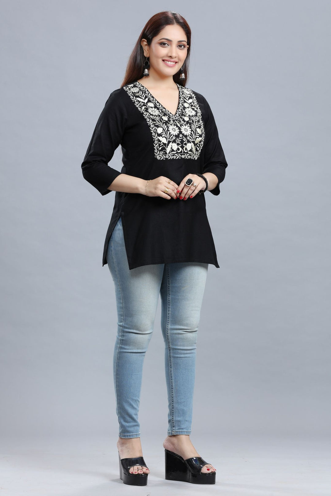 Black Cotton Straight Embroidered Short Kurta