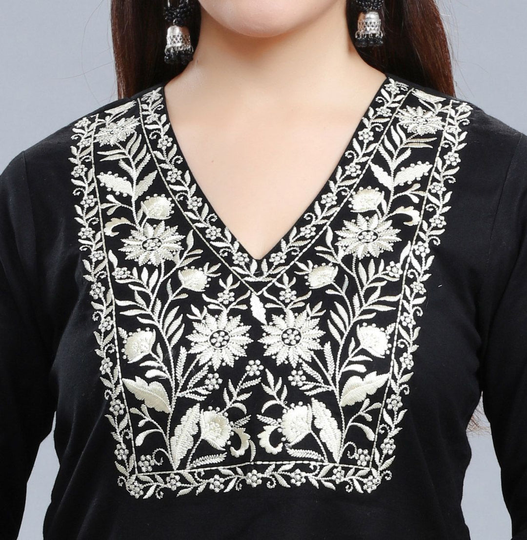 Black Cotton Straight Embroidered Short Kurta