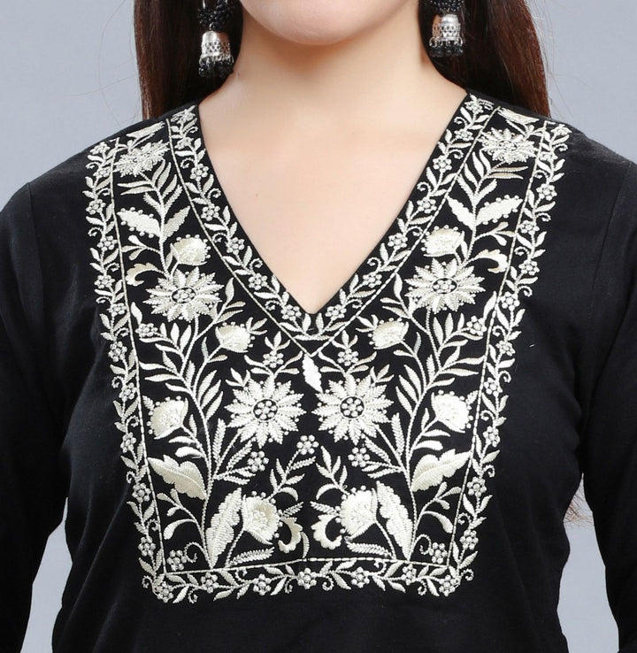 Black Cotton Straight Embroidered Short Kurta