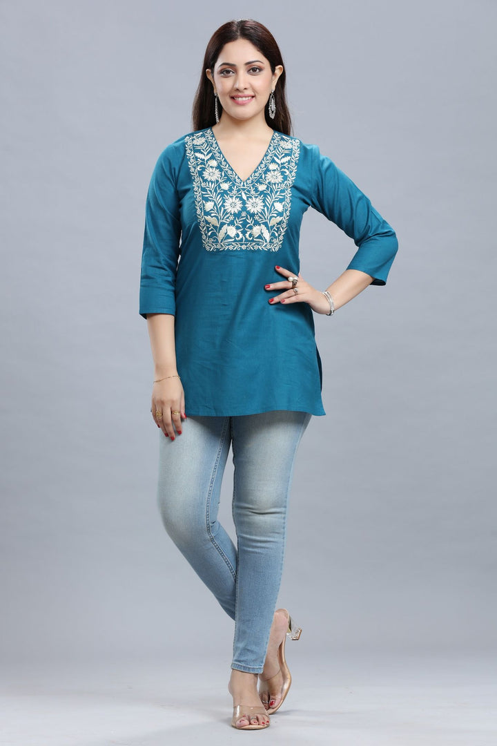 Teal Cotton Embroidered Short Kurti