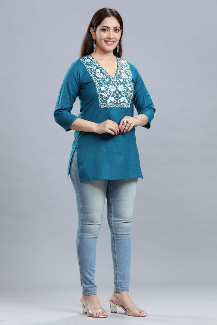 Teal Cotton Embroidered Short Kurti