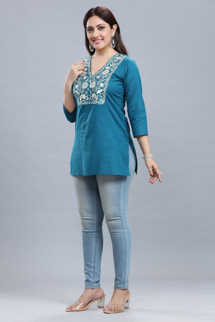 Teal Cotton Embroidered Short Kurti