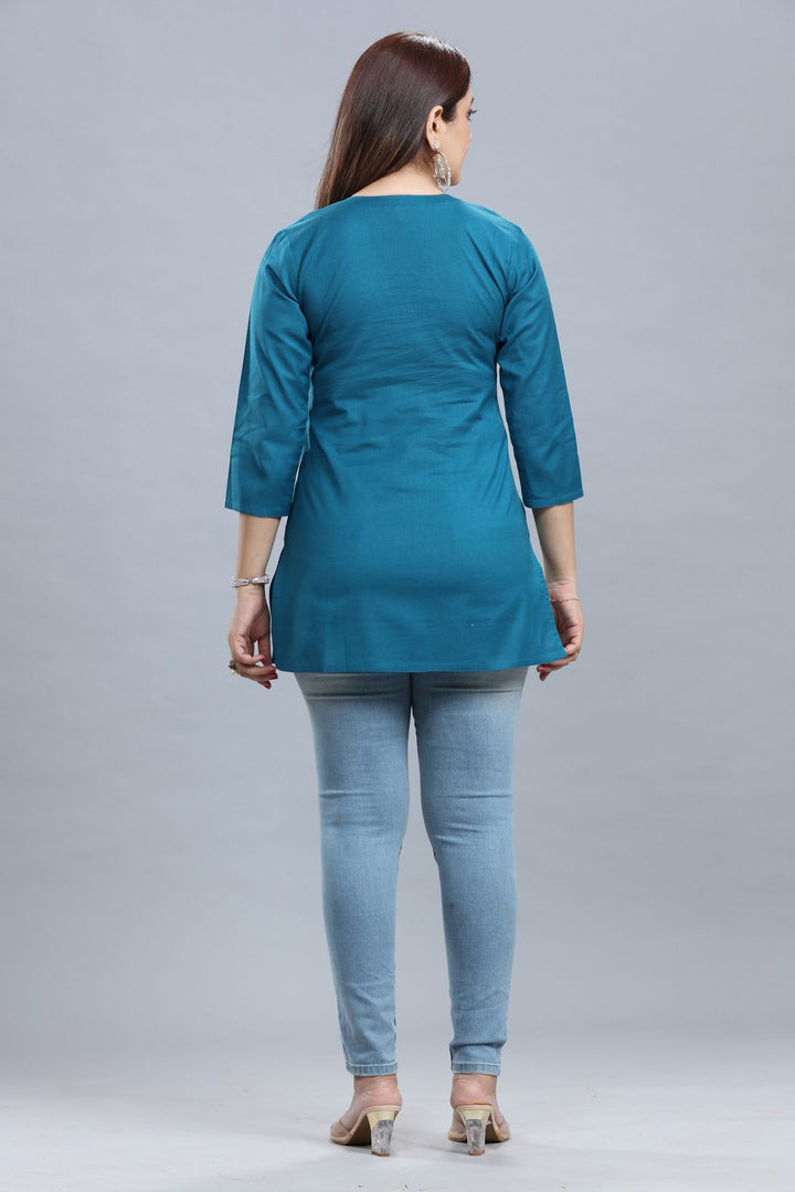 Teal Cotton Embroidered Short Kurti