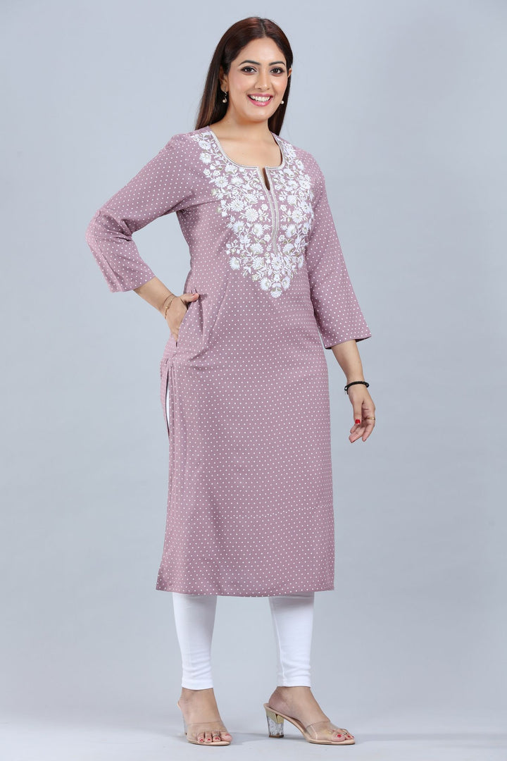 Light Purple Rayon Straight Embroidered Kurta