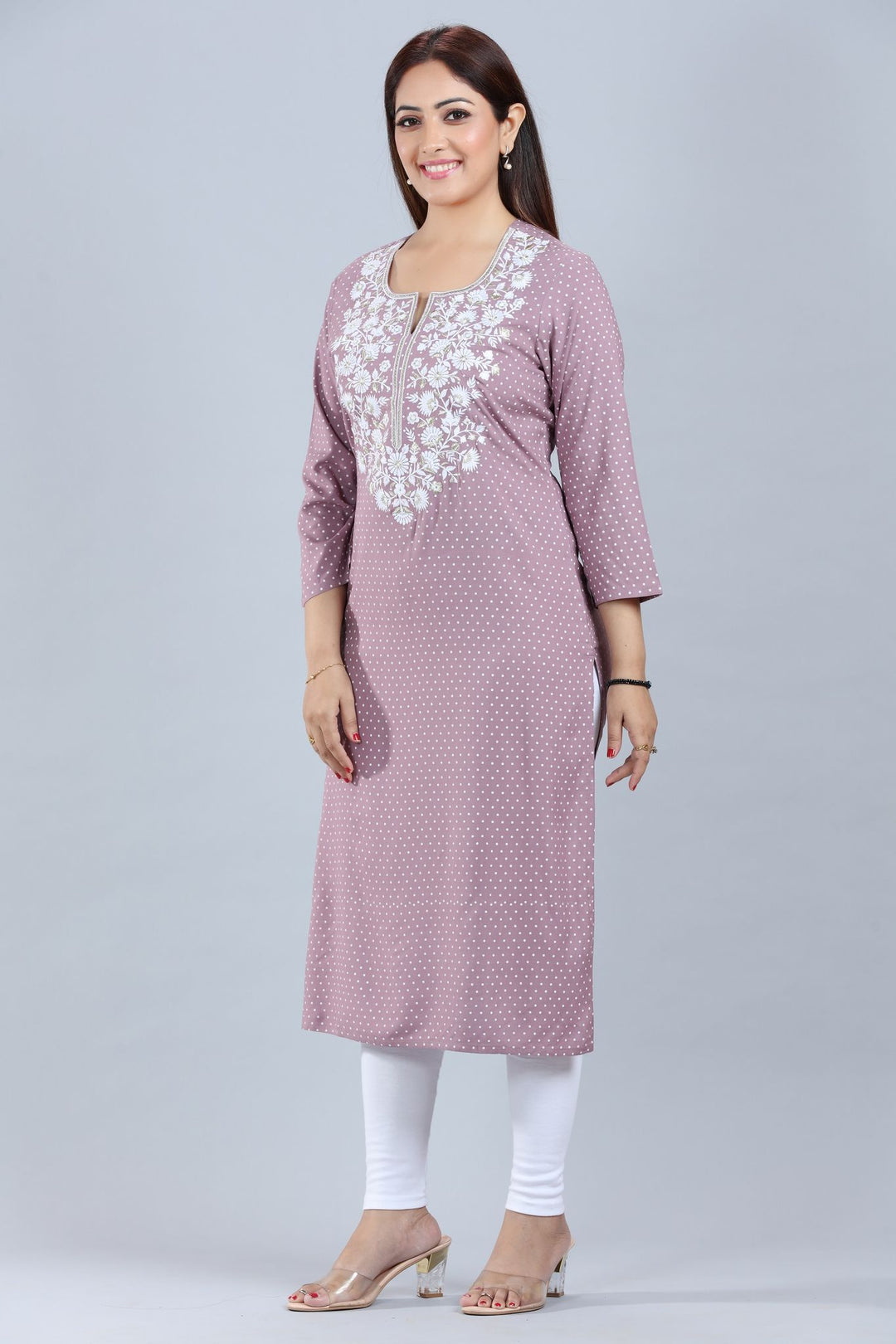 Light Purple Rayon Straight Embroidered Kurta