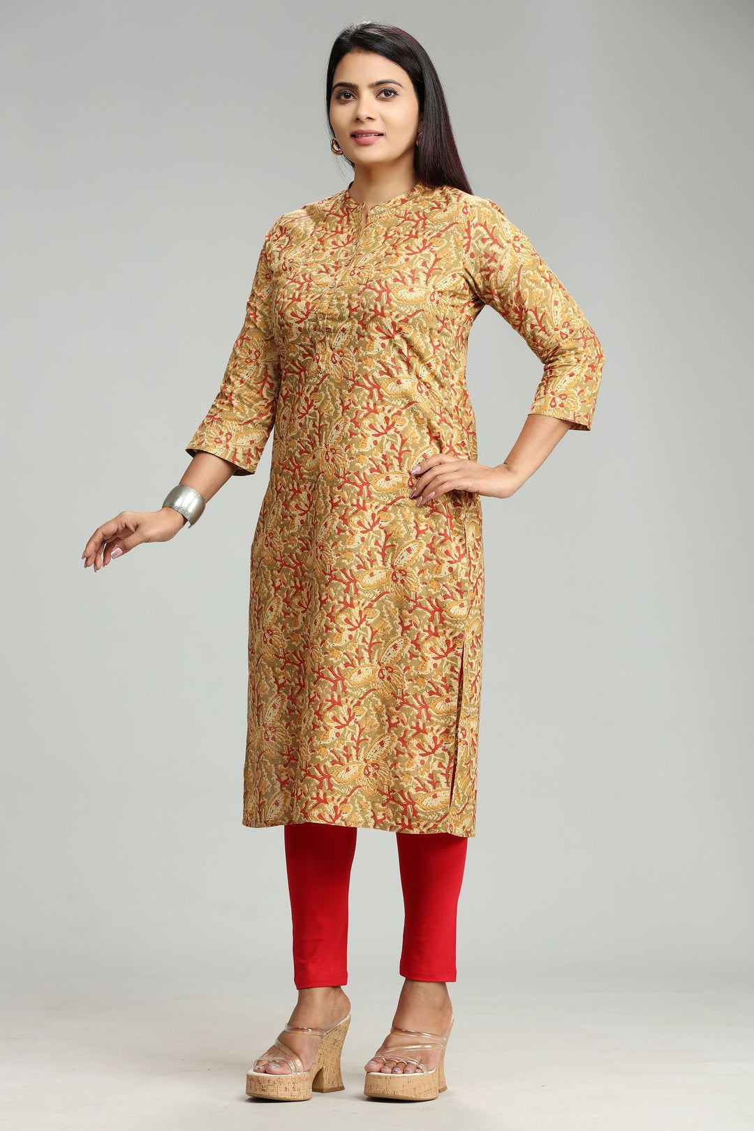 Beige Jaipuri Cotton Straight Printed Kurta