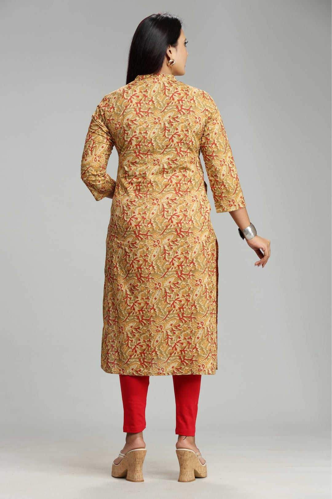 Beige Jaipuri Cotton Straight Printed Kurta