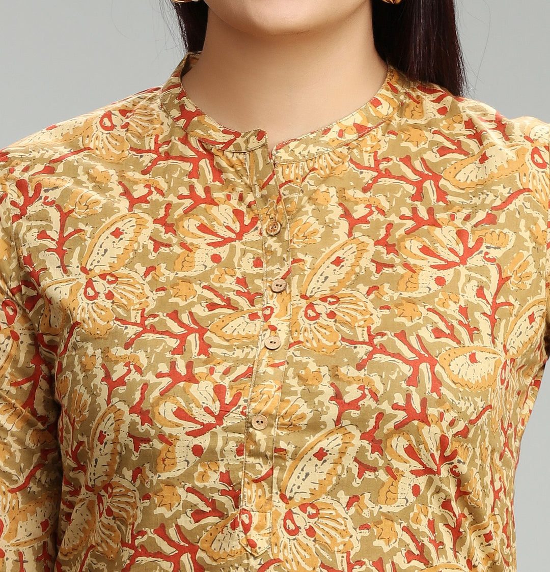 Beige Jaipuri Cotton Straight Printed Kurta