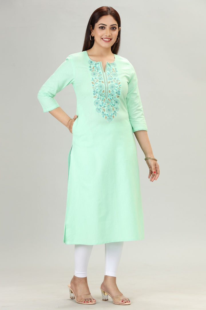 Pista Green Rayon Straight Embroidered Kurta