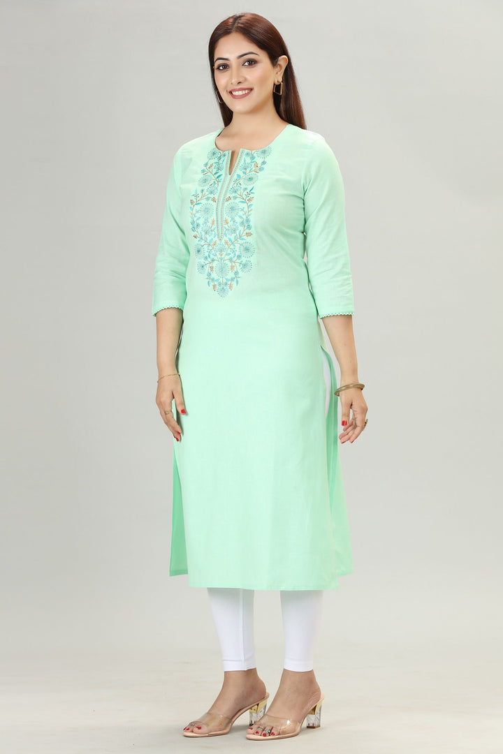 Pista Green Rayon Straight Embroidered Kurta