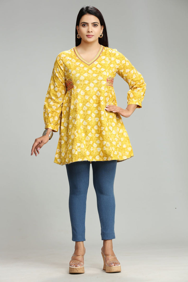 Yellow Cotton Flared Printed Short kurta