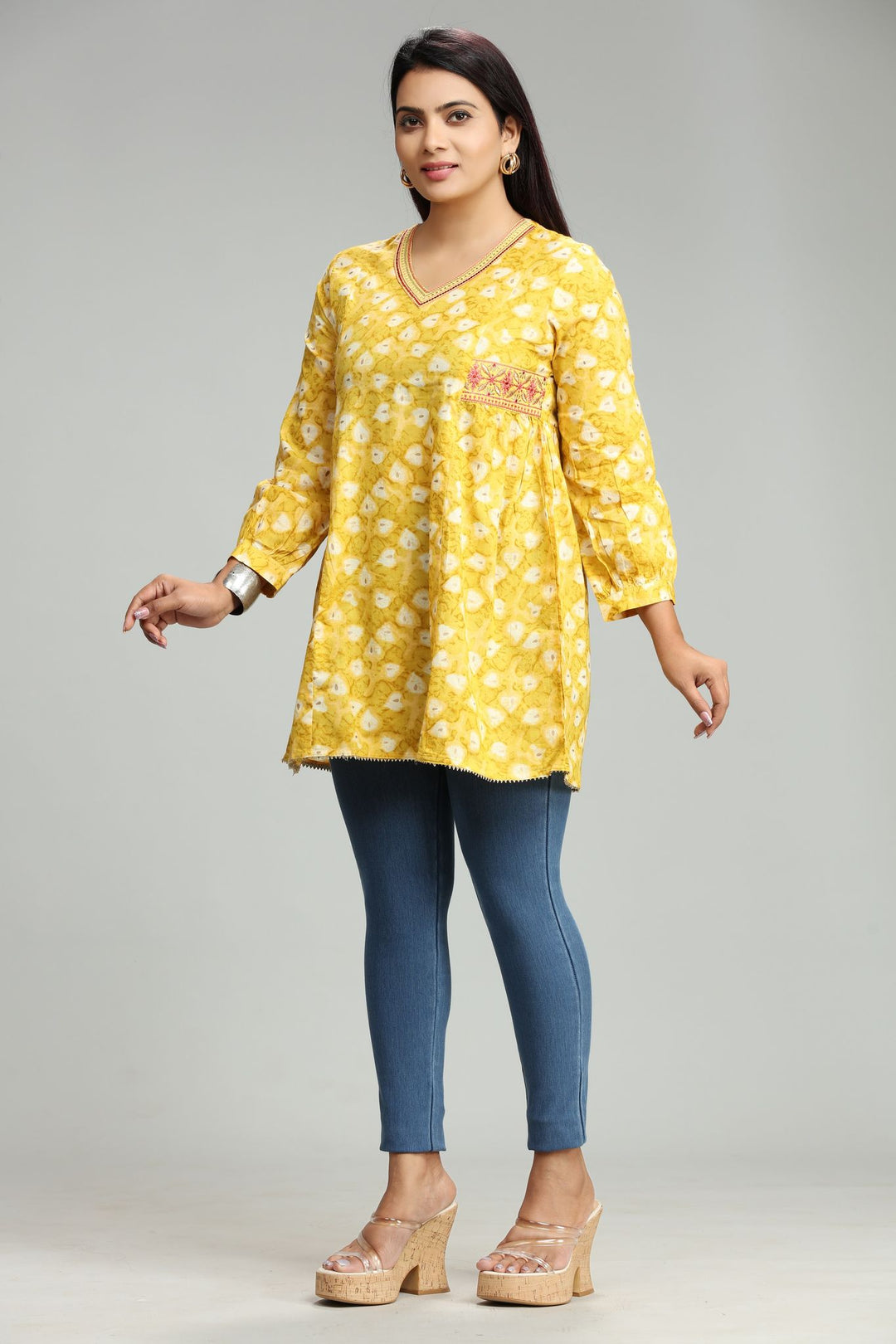 Yellow Cotton Flared Printed Short kurta