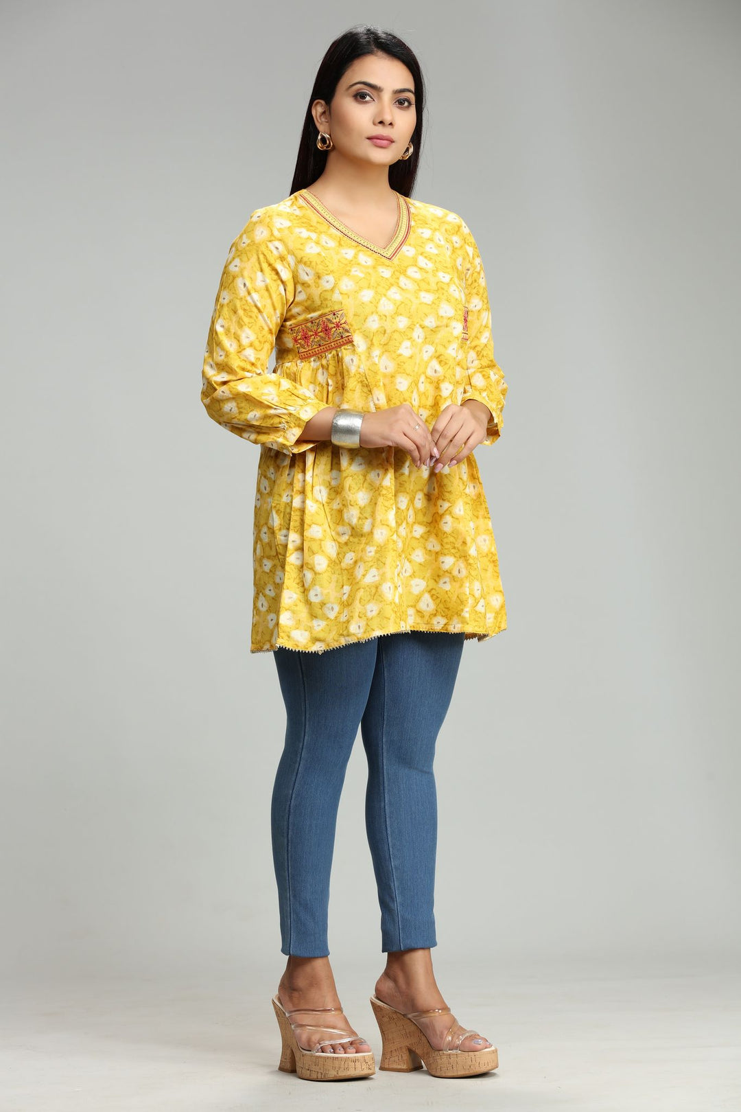 Yellow Cotton Flared Printed Short kurta for women