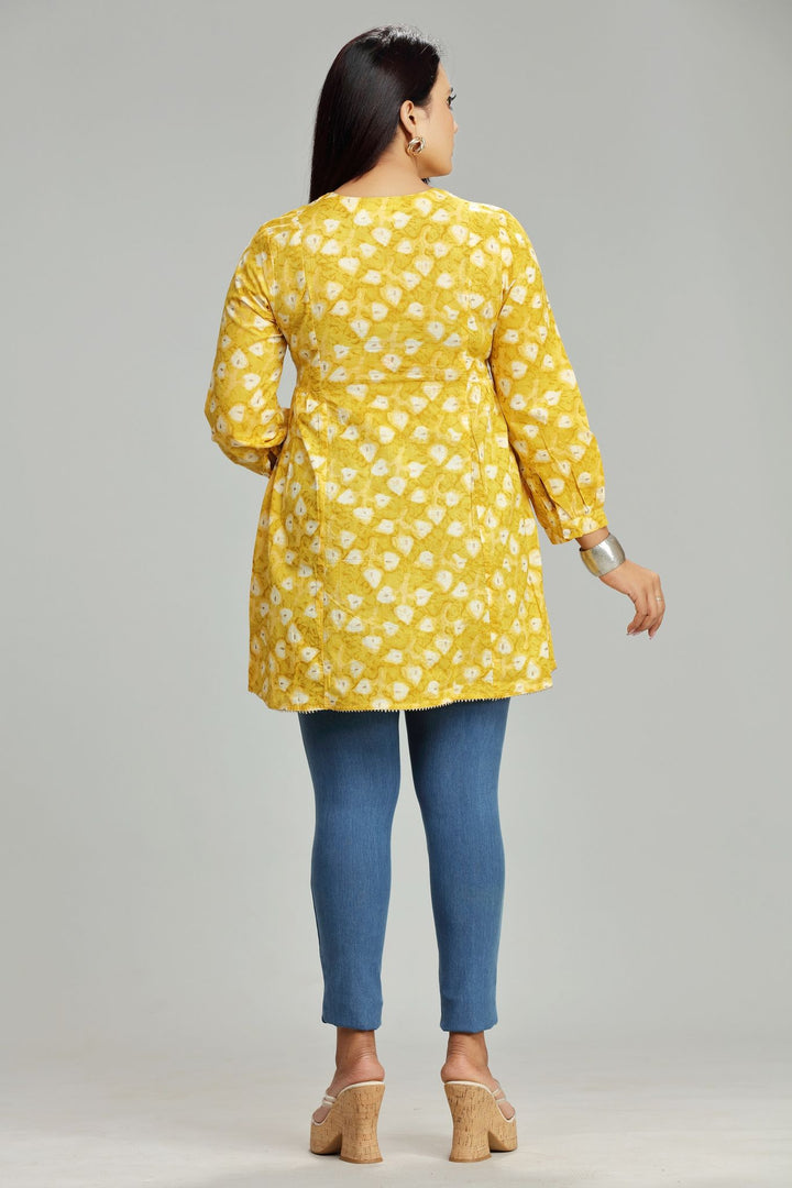 Yellow Cotton Flared Printed Short kurta for women