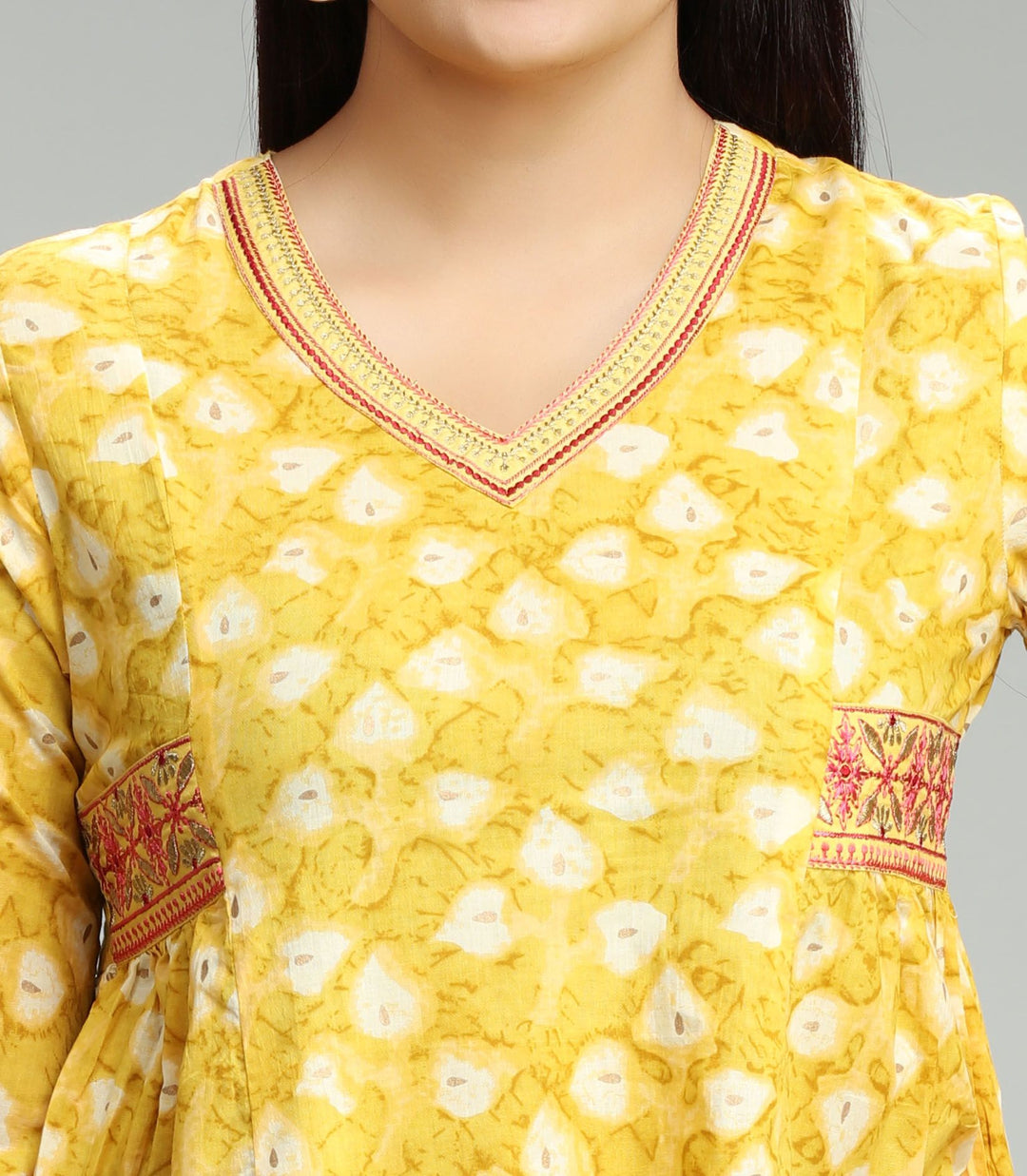 Yellow Cotton Flared Printed Short kurta