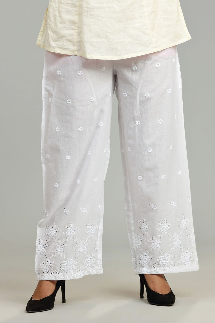 White Cotton Embroidered Palazzos