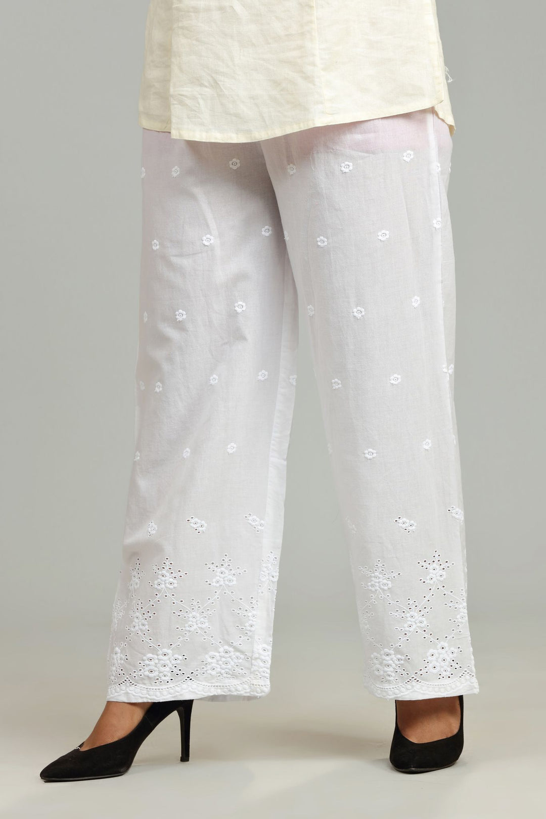 White Cotton Embroidered Palazzos