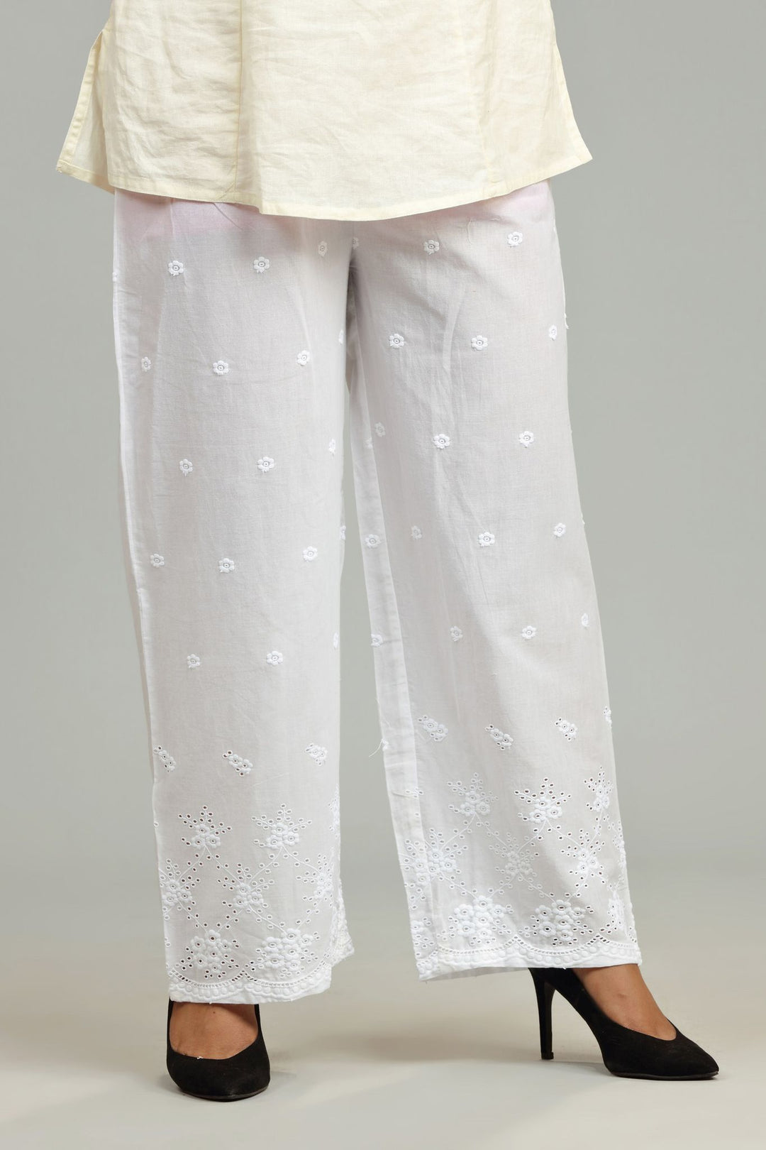 White Cotton Embroidered Palazzos