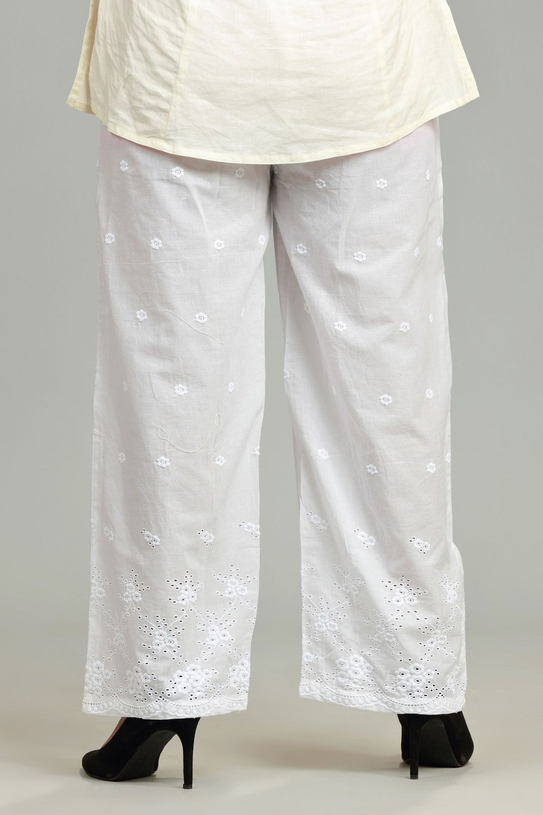 White Cotton Embroidered Palazzos