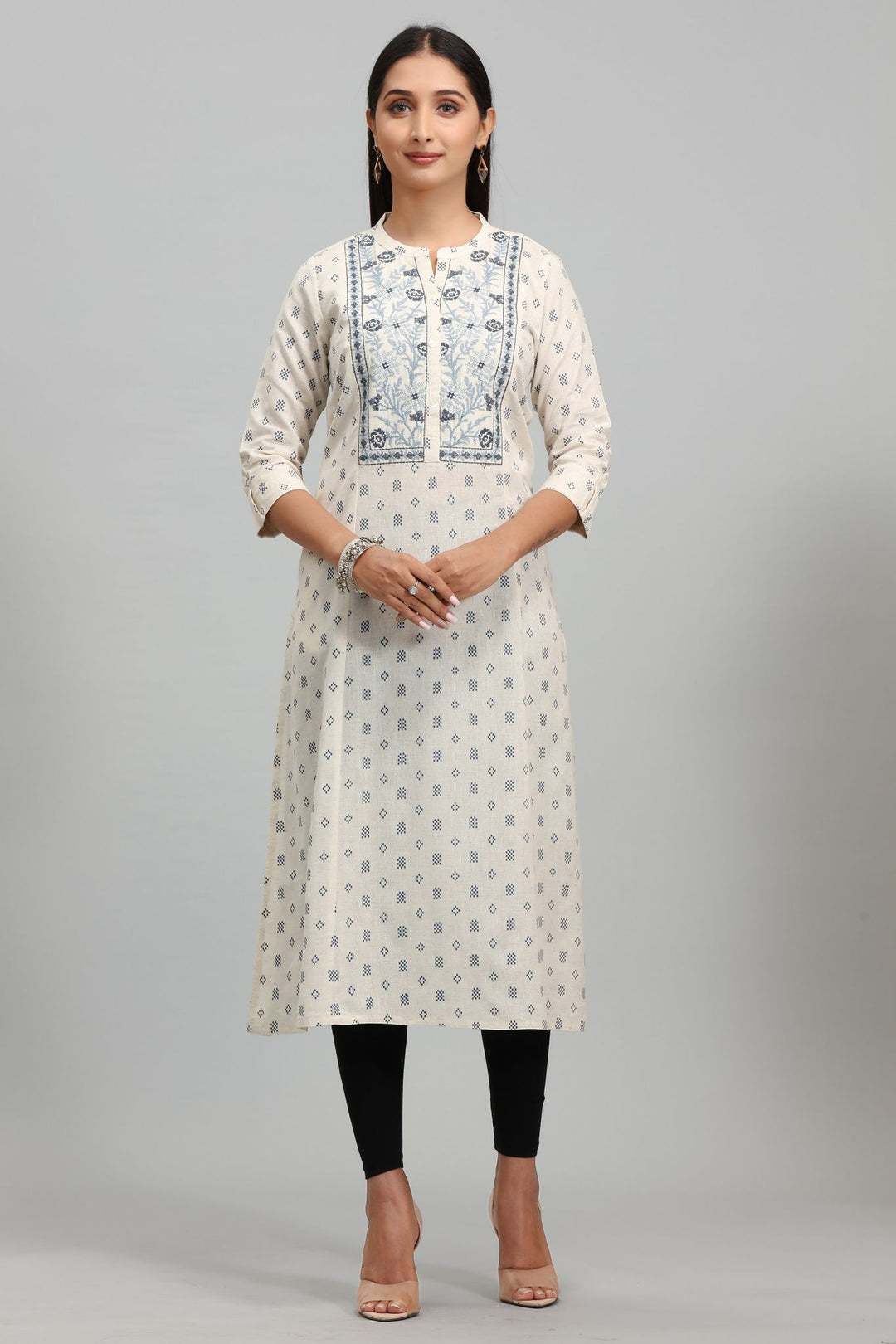 Cream Cotton A Line Embroidered Kurta