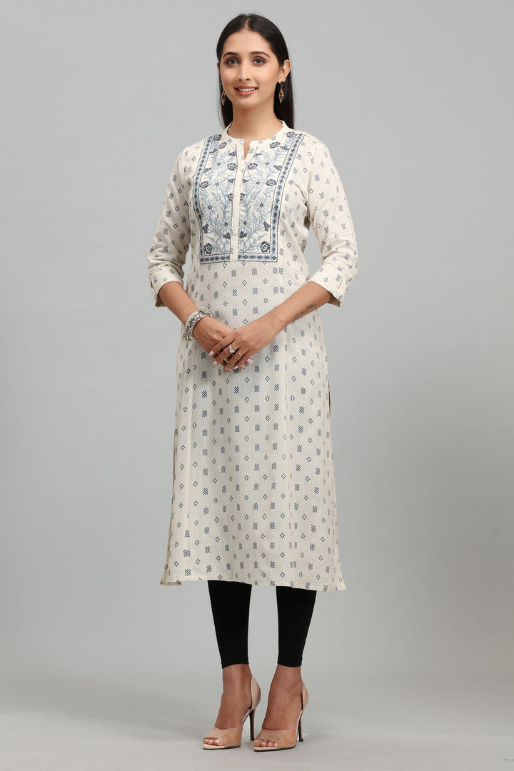 Cream Cotton A Line Embroidered Kurta