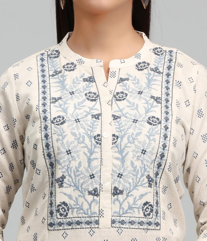 Cream Cotton A Line Embroidered Kurta