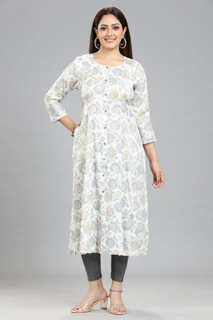 Off White & Blue Rayon A Line Yarndyed Kurta